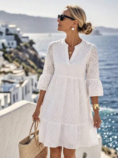 Faunlyn Women's White Hollow Embroidered Notch Collar Multi-Layer Split A-Hem Dress For Spring