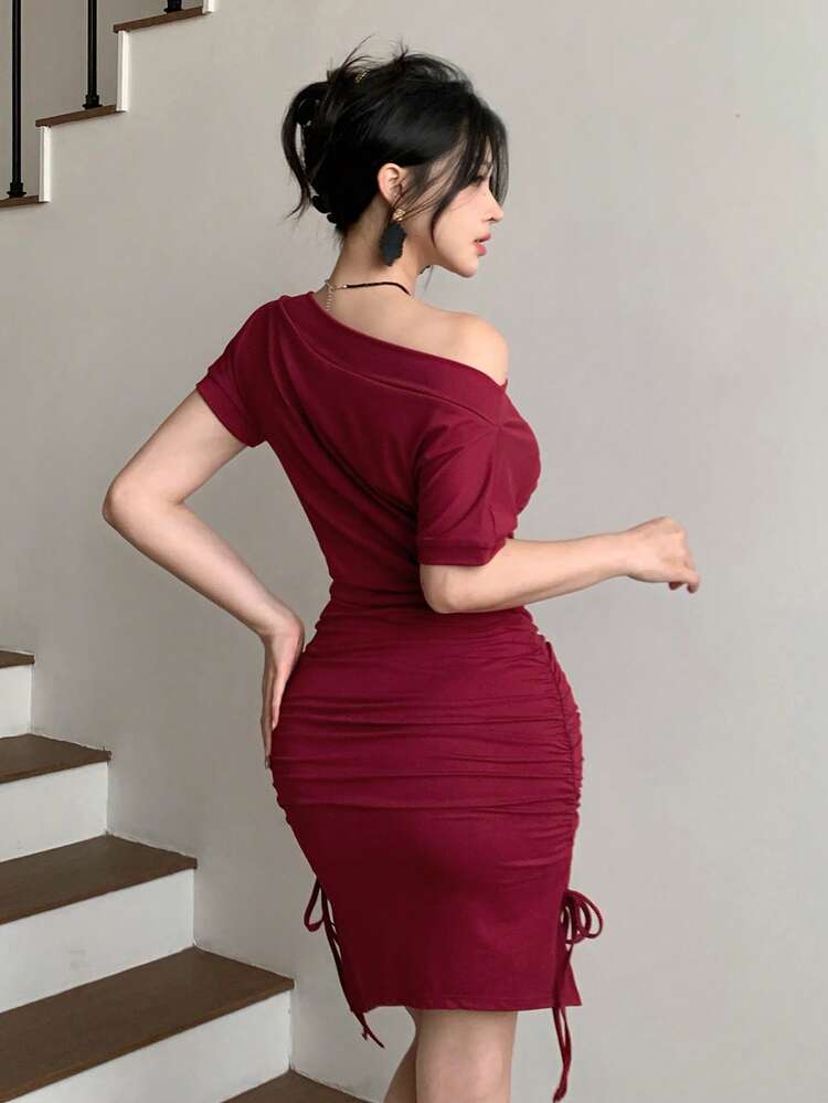 2026 Spring/Summer Sexy Slit Waist Ruffle Trim Bodycon Mini Dress, Shoulder Cutout Short Sleeve Fitted Dress For Women Sun Dresses For Women