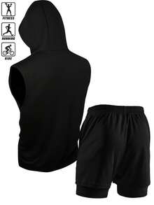 GymBeat Bộ đồ nam gồm áo tank top có mũ và quần short in chữ. - màu đen - Xem 2