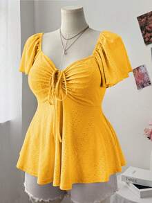 Lyrianda Plus Size Women Square Collar Ruffle Sleeve Textured Casual Cute Elegant A-Line T-Shirt - Yellow - View 3