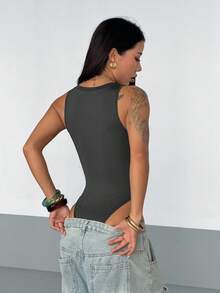 Body de mujer de unicolor sin mangas con cremallera delantera, para verano - Gris Oscuro - Ver 4