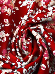 Linhara 大码束腰七分袖娃娃领优雅印花休闲衬衫，适合春、夏、秋季穿着。 - 紅色 - 查看 5