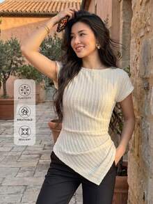Mulvari Áo thun nữ màu mơ dệt kim, họa tiết sọc, eo nhún bèo, dáng bất đối xứng, phong cách thường ngày lãng mạn, thích hợp cho mùa xuân/hè. - Màu be - Xem 1