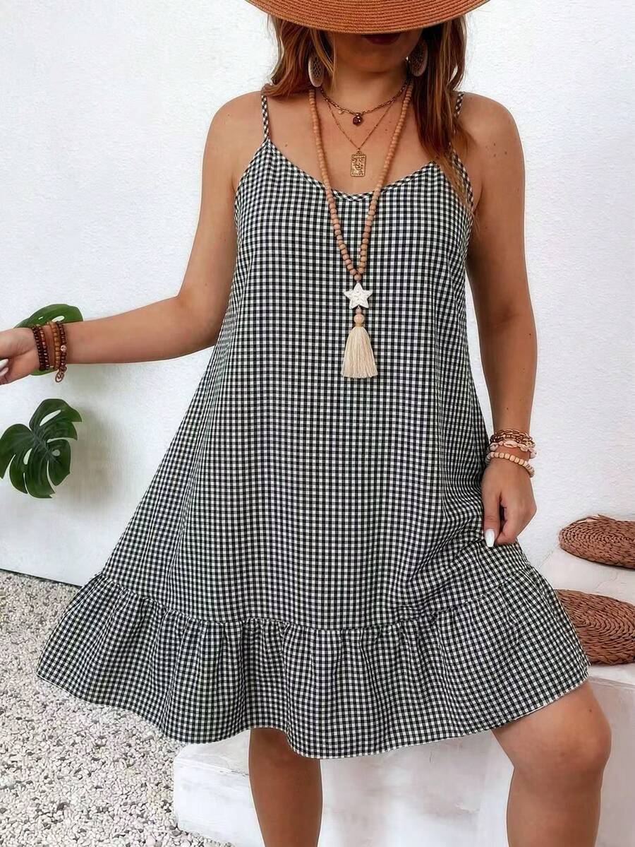 Weeklong Plus Size Women Plaid Ruffle Hem Casual Strap Dress - Black and White - View 1