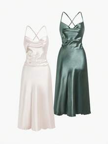 Bisouelle 2 chiếc váy ngủ satin hở lưng buộc dây, váy ngủ sang trọng - Nhiều màu - Xem 1