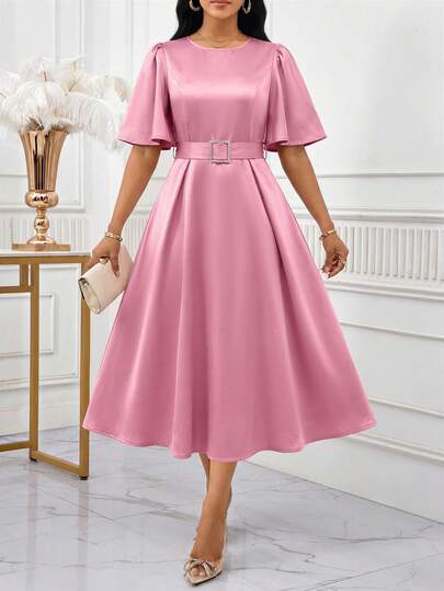 SHEIN Lady Women's Elegant Solid Color Round Neck Short Sleeve Dress, Suitable For Banquet