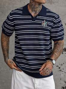 Men's Striped Short Sleeve Embroidered Badge Knit Top - Multicolor - View 4