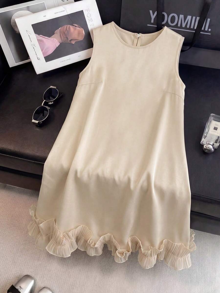 Franclia Đầm mùa hè mới, cổ tròn, không tay, gấu váy xếp ly. - Màu be - Xem 1