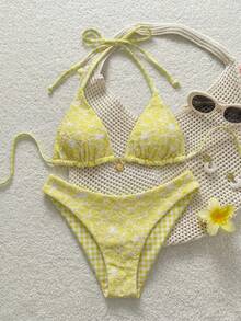 SHEIN Swim Mod Women's Sweet Floral Print Reversible Halter Neck Bikini Set - Yellow - View 3