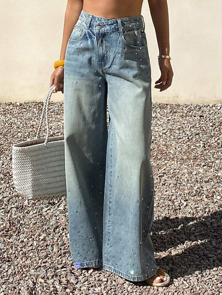 Women's Asymmetrical Waistline Ombre Rhinestone Decor Loose Straight Leg Casual Jeans