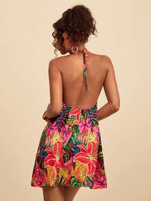 Travachic Women's Floral Print Halter Neck Short Dress, Vacation Style - Multicolor - View 5