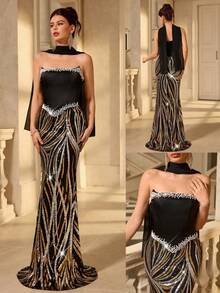 Coutiva Abito da sera da donna con patchwork in raso, gonna a sirena con perline, collo a barchetta in chiffon con fiocco fluttuante, abito da sera dal design elaborato - nero - Visualizzare 4