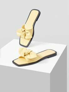 MOTF PREMIUM Chaussures pour femmes nouvelles sandales à bout carré avec nœud français, jaune clair, polyvalentes, confortables et légères, style fée, style de vacances à la plage, simples, élégantes et de tempérament haut de gamme, chaussures d'été - Jaune clair - Voir 3