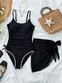 SHEIN Kids/Teen Girls' Black & White Contrast Color Shell Ruffle Bow Decor Casual One-Piece Swimsuit With Cover-Up Skirt, Vacation Beach Style Black Cover Up Swimsuit One Piece Swimsuit For Teens Black Tankini Black Swim Suit For Women - Black - View 1