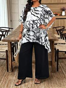 Weeklong Plus Size Chiffon Asymmetrical Layered Flare Sleeve Top + Double-Layer Chiffon Wide Leg Pants 2 Pieces Set, Casual Vacation Commute - Multicolor - View 3