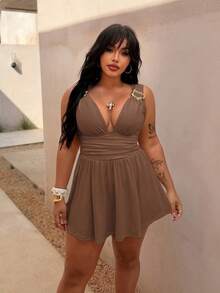 Rustia Plus Size Women Ruched Waist Dress - Brown - View 7