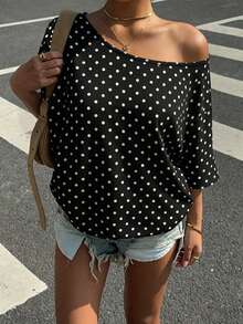 SHEIN Muchic Plus Size Women Polka Dot Print Loose Shoulder T-Shirt Poka Dots Polka Dot Blouse Cow Print Casual Elegant Blouse Polka Dots Off Shoulder Top Blouse For Women Polka Dot Top - Multicolor - View 1
