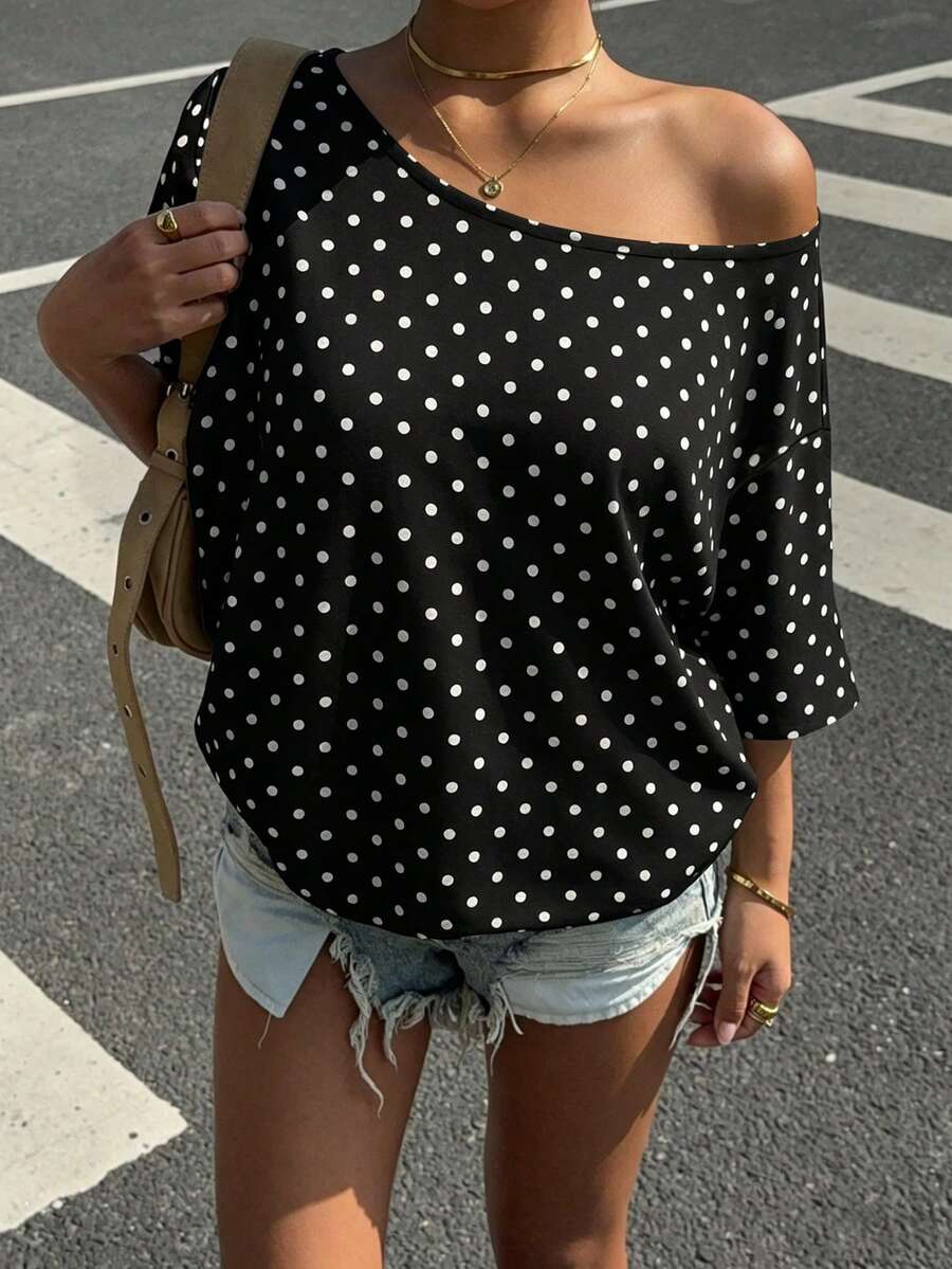 SHEIN Muchic Plus Size Women Polka Dot Print Loose Shoulder T-Shirt Poka Dots Polka Dot Blouse Cow Print Casual Elegant Blouse Polka Dots Off Shoulder Top Blouse For Women Polka Dot Top - Multicolor - View 1