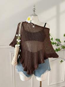 SHEIN EZwear 大码女士休闲钩针披肩，咖啡棕色，荷叶边下摆，半透明，适合外出和约会 - 咖啡棕 - 查看 1