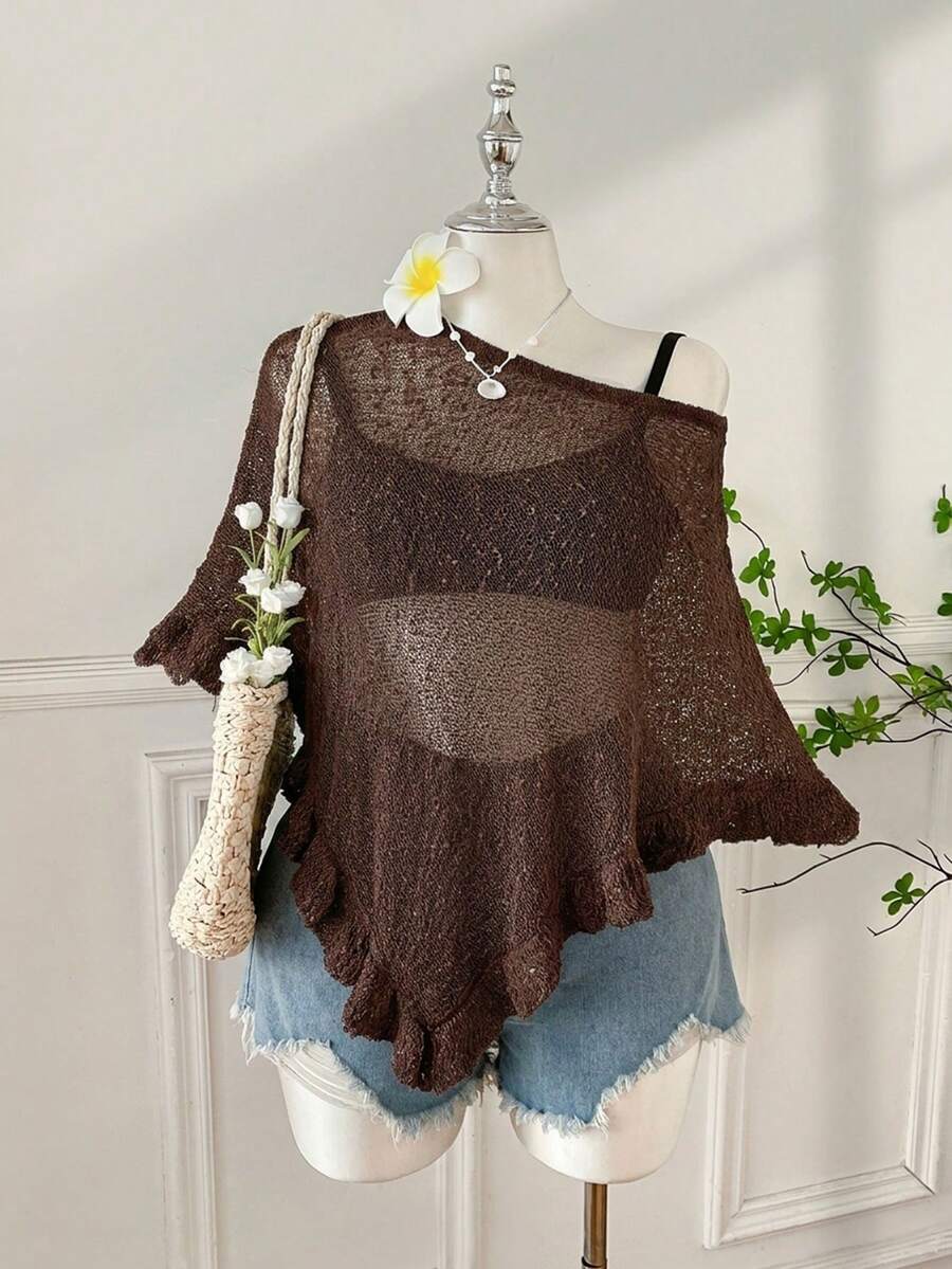 SHEIN EZwear 大码女士休闲钩针披肩,咖啡棕色,荷叶边下摆,半透明,适合外出和约会 - 咖啡棕 - 查看 1