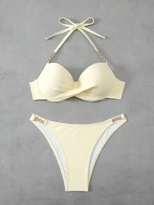 Swim Vcay 女士纯色挂脖链条装饰分体式比基尼套装 - 淡黃色 - 查看 5