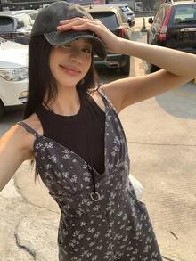 DAZY 女士V领印花可调节肩带宽松连体裤夏季波西米亚风度假装 - 灰色 - 查看 4