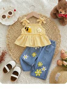2 Pieces Baby Girl Blue And Yellow Striped,Summer,Cute,Vacation Set,Textured Tank Top & Flower Embellished Denim Straight-Leg Pants Toddler Outfits - Yellow - View 2