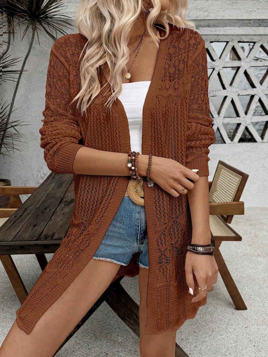 SHEIN LUNE Áo khoác cardigan dệt kim khoét lỗ, phong cách thường ngày dành cho nữ - Cà phê nâu - Xem 1
