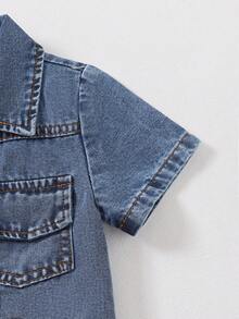 SHEIN Baby Boy Casual Denim Shirt Collar Washed Denim Outfit - Blue - View 6