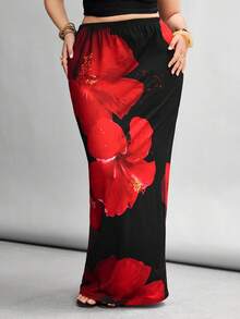 SHEIN Tall CURVE 大码女式碎花优雅半身裙，适合度假穿着 - 黑色 - 查看 4