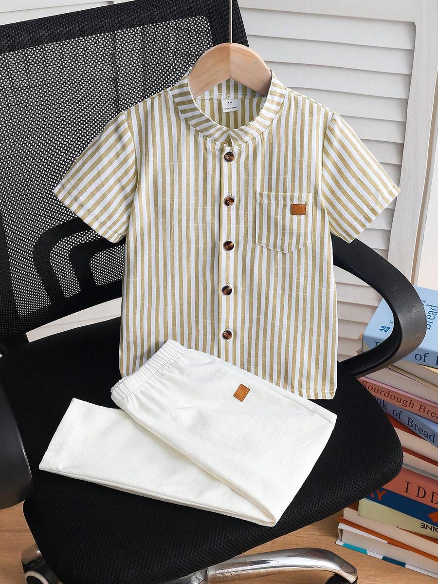 Souflis Souflis 2pcs/Set Young Boy Casual Striped Short Sleeve Shirt And Pants Set, Suitable For Daily Casual, Vacation, Sports, Summer - Khaki - View 1