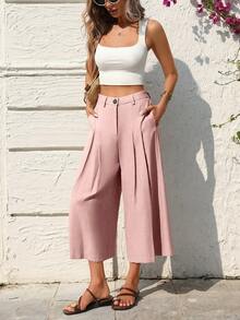 SHEIN Holidaya Women's Casual Linen Capri Pants, Suitable For Leisure, Beach, And Home Wear - Dusty Pink - View 7