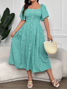 Vionelle Plus Size Women's Ditsy Floral Print Square Collar Buttoned Dress Maxi Women Outfit - Mint Blue - View 7