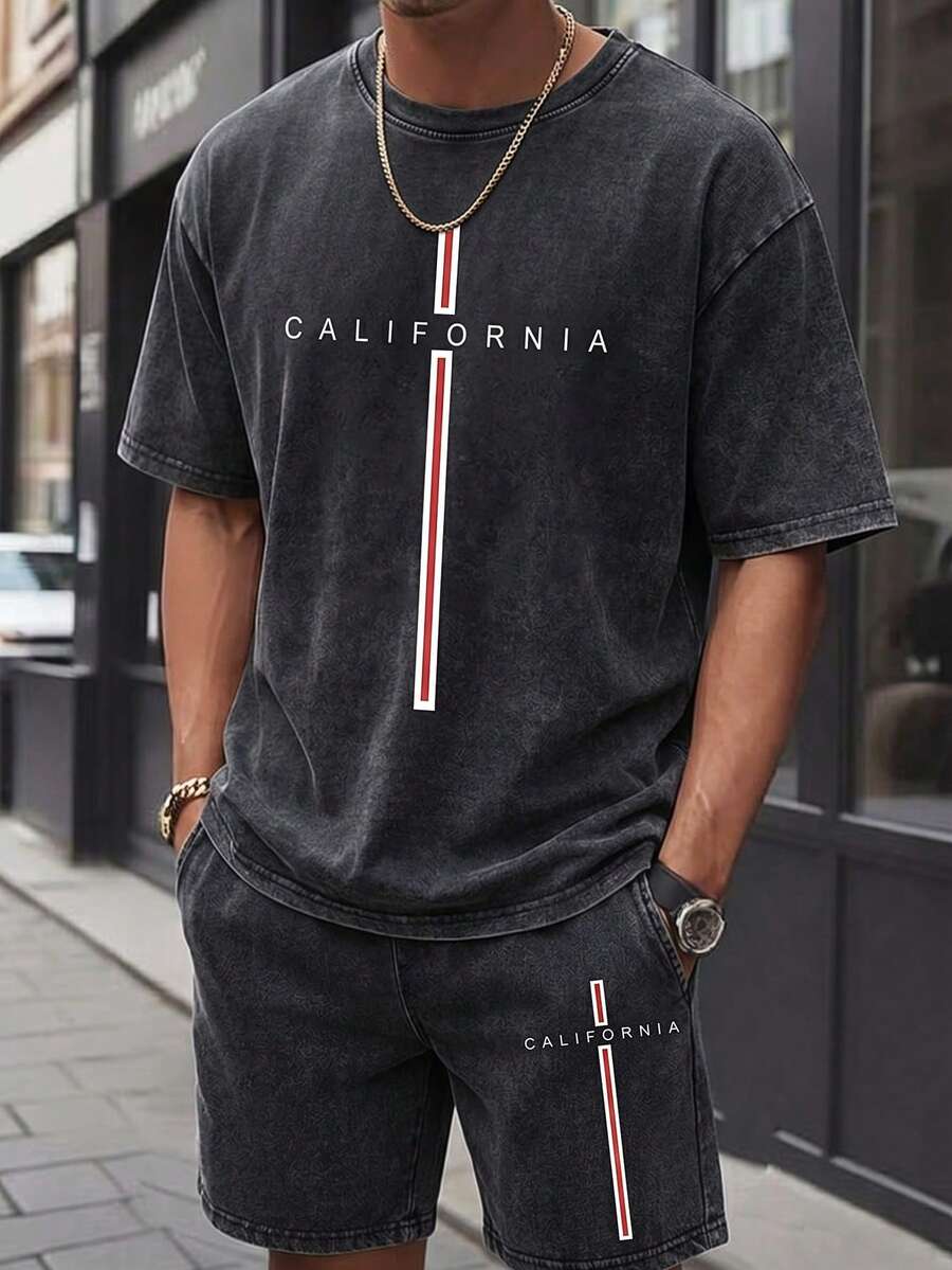 Coolqubz 两件套夏季新款休闲青少年男童套装,包括一件做旧水洗黑色短袖T恤和一条印有加州字母图案的松紧腰短裤,宽松版型,适合日常、通勤、运动、街头穿搭和ins风。 - 黑色 - 查看 1