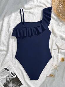 SHEIN Teen Girl Fitted Casual Comfortable Sports One-Piece Swimsuit With Ruffle Trim - Navy Blue - View 5