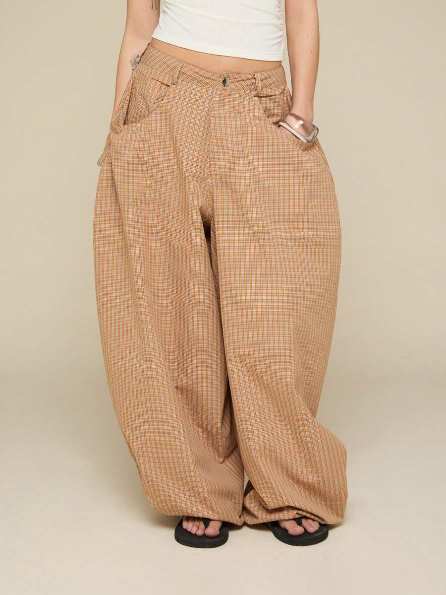 COUREZ Pantalones holgados de tiro bajo con ajuste de barril a cuadros de algodón / Pantalones holgados de tiro bajo estilo Y2K globo sobredimensionados para mujer, pantalones holgados, pantalones holgados de ajuste suelto para festival del Día de la Madre - Naranja - Ver 1