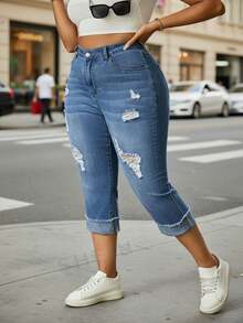 SHEIN Quần Capri dáng rộng, rách gấu, đa năng, thích hợp cho mùa thu, lễ hội, quần jeans nữ, quần Capri thường ngày. - Rửa trung bình - Xem 3