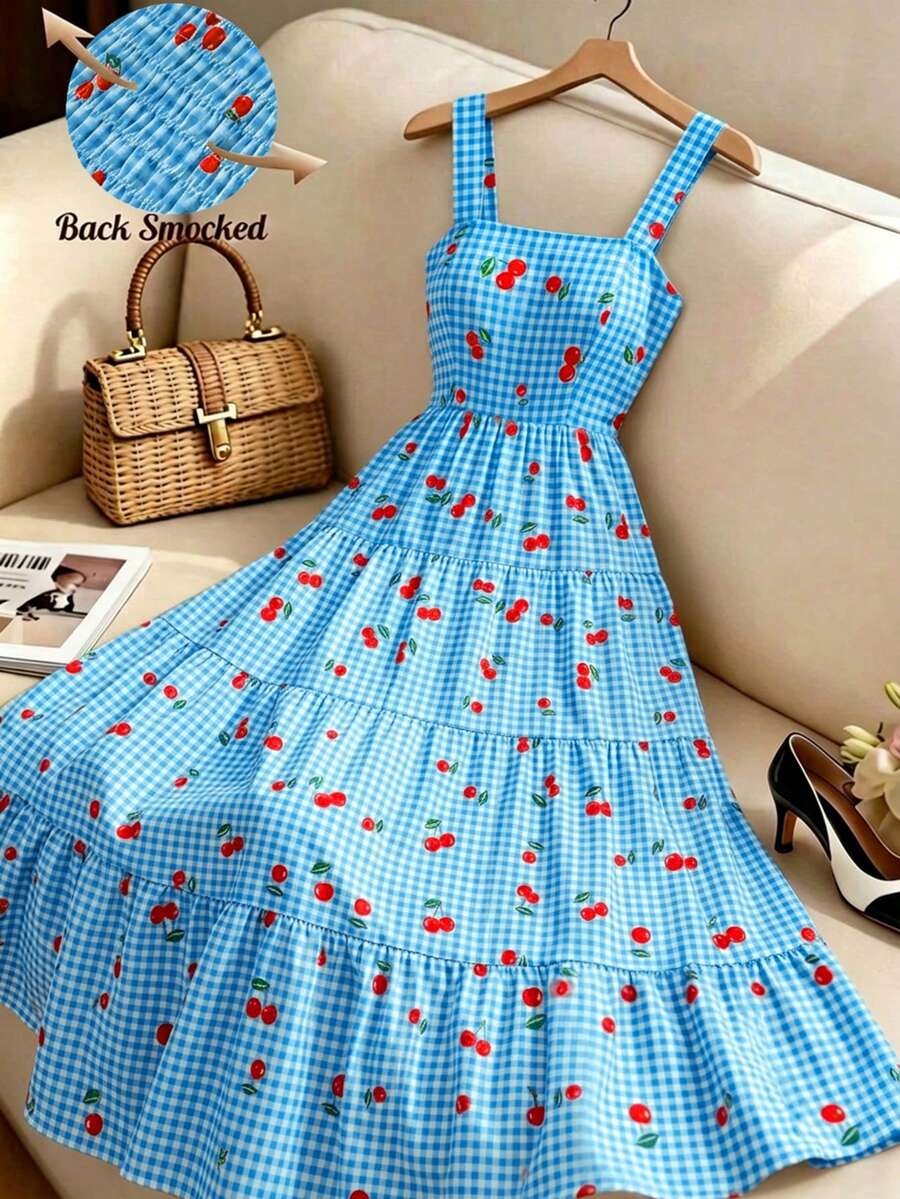 SHEIN CURVE+ Đầm dài in họa tiết quả anh đào dành cho nữ cỡ lớn, thích hợp cho mùa xuân/hè. - Màu xanh lam - Xem 1