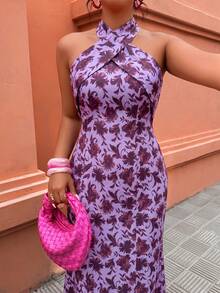 Weeklong Vestido con estampado floral morado con nudo retorcido en el cuello, vestido elegante de vacaciones para tallas grandes - Multicolor - Ver 4