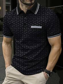 Calvornis 男士皇冠條紋短袖休閒通勤正式 Polo 衫，儀式適用 - 黑色 - 查看 3