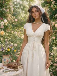 SHEIN MOD Đầm nữ màu trơn, có khoen cài eo, tay ngắn nhún bèo, dáng dài ngang gối, thanh lịch. - Màu be - Xem 1