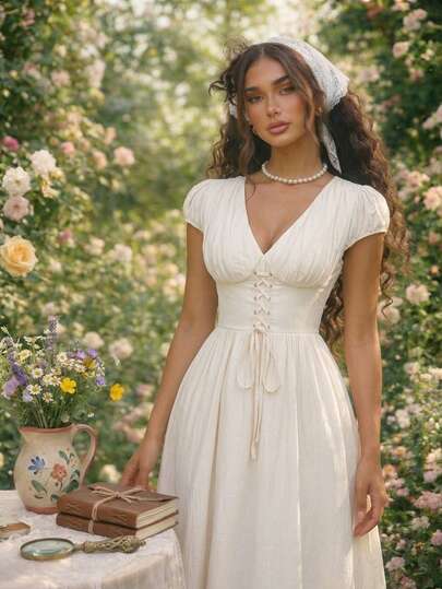 SHEIN MOD Women's Solid Color Waist Grommet Tie Ruched Cap Sleeve Elegant Mid-Length Dress, Summer Dress, Festival Dresses, Elegant Long Party Dress, Wedding Guest Dress, Elegant, Casual Dress, Graduation Dress, Holiday Dresses, Formal Dress, Country Concert Outfit, Nomadic Style, Music Festival Outfits, Boho, Retro, Vintage, Cottagecore Dress, ,Milkmaid Dress, French Style Dress, Elegant Vintage Midi Dress With Corset Waist Details For Women, Tea Party Dresses For Women, Victorian Style Dress,Summer Dresses For Women