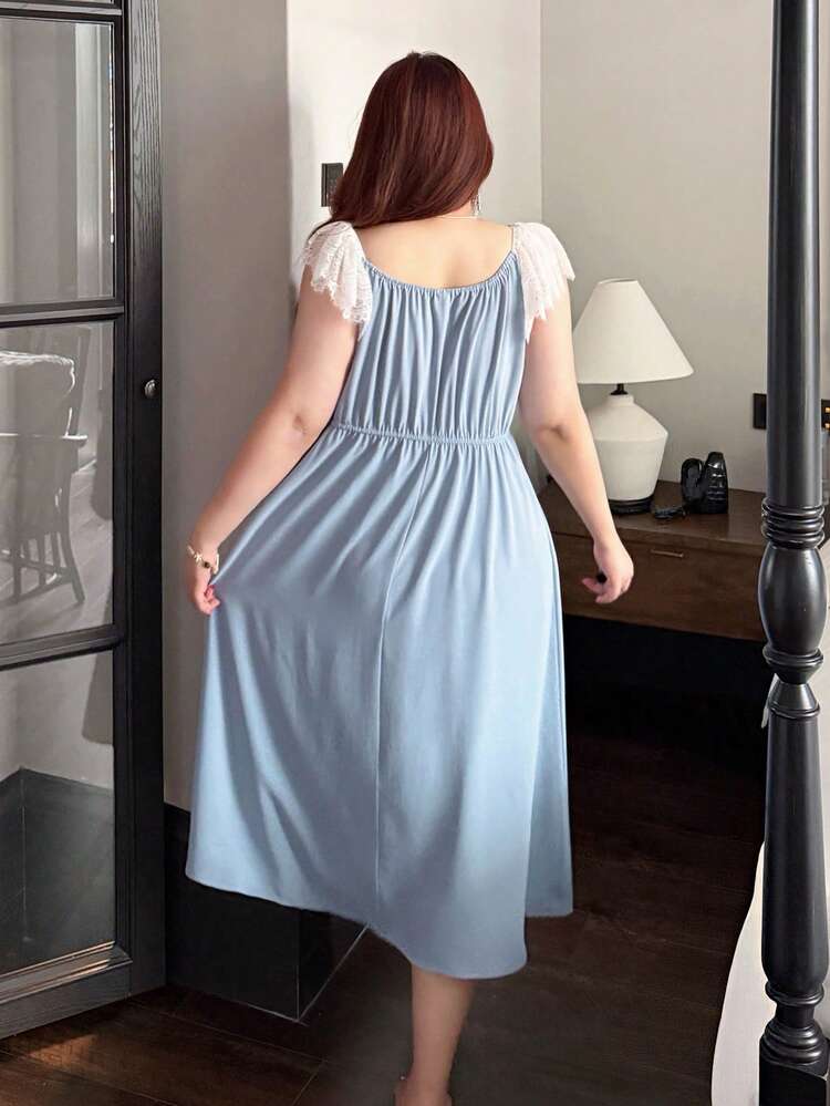 Dazy Plus Lace Patchwork Waist Maxi Nightgown, Spring Elegant Sexy Plus Size Women Sleepwear Dress