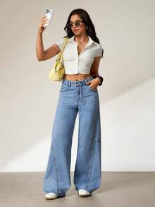 Flexra Quần maxi denim nữ màu xanh nhạt dáng rộng, thoải mái. - Rửa nhẹ - Xem 6