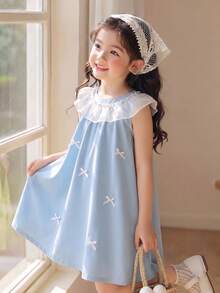 SHEIN Young Girl Round Neck Bow Decor Mesh Patchwork Fashionable Chic Party & Daily Wear Dress - Blue - View 3