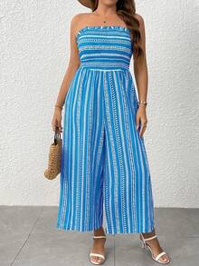 SHEIN Clasi Bộ jumpsuit nữ dáng suông, không dây vai, ống rộng, thích hợp cho kỳ nghỉ, thường ngày, kiểu dáng ôm sát. - Màu xanh lam - Xem 4