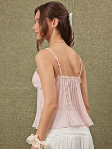 WESTFADE V Neck Bow Front Plisse Chiffon & Floral Lace Sleeveless Babydoll Cami Tank Top - Pink - View 6