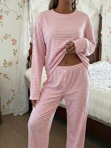 SHEIN Conjunto de pijama de mujer casual con cuello redondo, manga larga y estampado de rayas suelto - Rosa Pálido - Ver 5