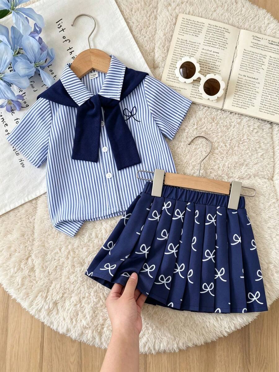 SHEIN Playful Pals Bộ 3 món cho bé gái gồm áo sọc thêu nơ, khăn choàng thoải mái đa năng và chân váy xếp ly, set đồ thời trang thường ngày năng động, thích hợp cho mùa hè, trang phục hè cho bé gái.