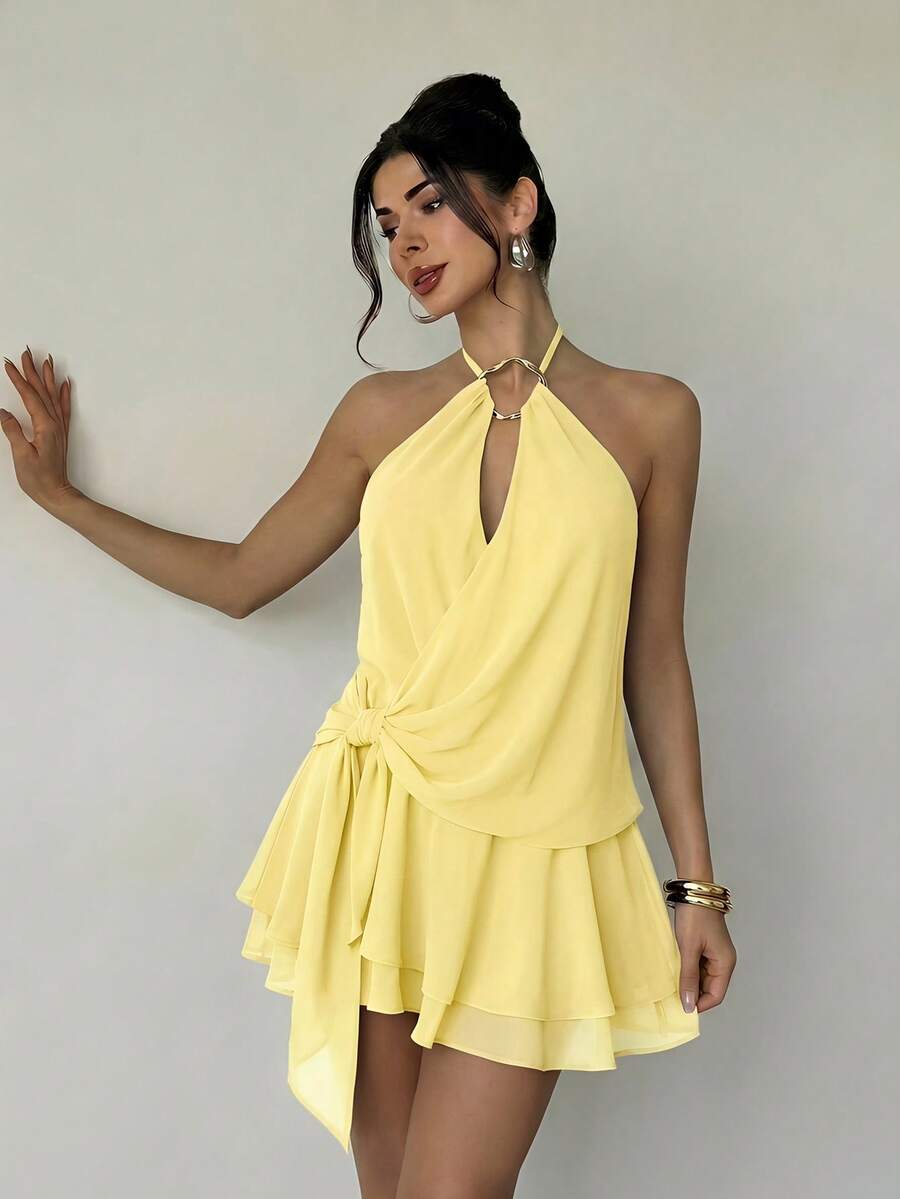 Firerie Đầm nữ kiểu dáng thanh lịch, hở lưng, buộc dây, thích hợp cho ngày Valentine, hẹn hò lãng mạn, hoặc đi nghỉ mát ở biển. - Vàng nhạt - Xem 1